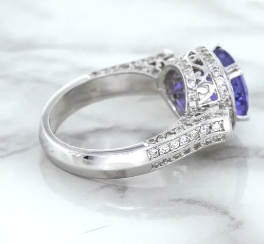 3.12ct Round Tanzanite Ring with Diamond Halo in 14K White Gold