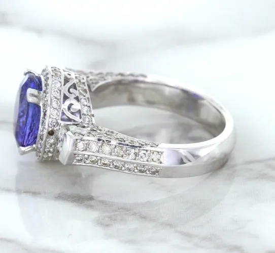 3.12ct Round Tanzanite Ring with Diamond Halo in 14K White Gold