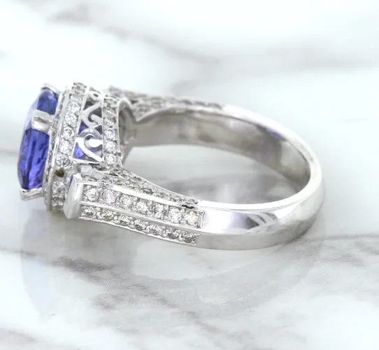 3.12ct Round Tanzanite Ring with Diamond Halo in 14K White Gold
