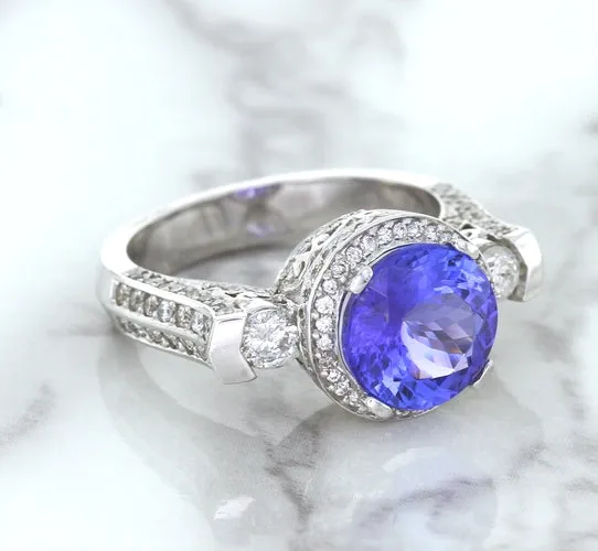 3.12ct Round Tanzanite Ring with Diamond Halo in 14K White Gold