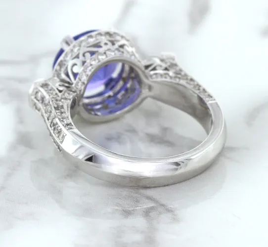 3.12ct Round Tanzanite Ring with Diamond Halo in 14K White Gold