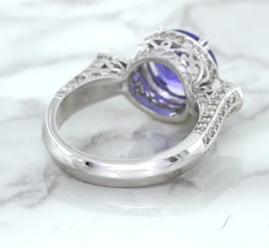 3.12ct Round Tanzanite Ring with Diamond Halo in 14K White Gold