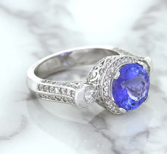 3.12ct Round Tanzanite Ring with Diamond Halo in 14K White Gold