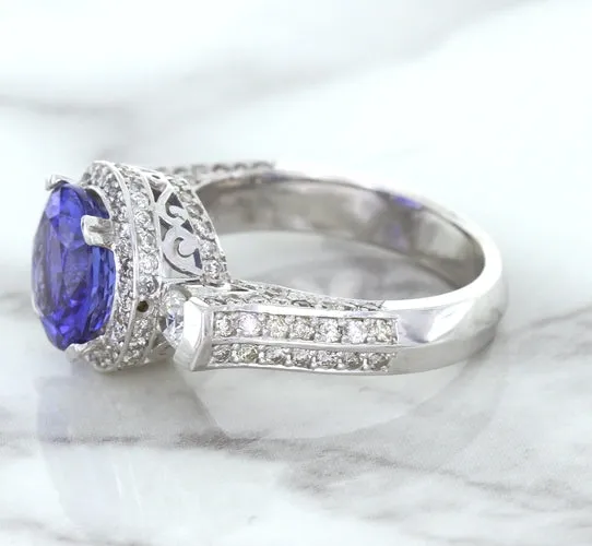 3.12ct Round Tanzanite Ring with Diamond Halo in 14K White Gold