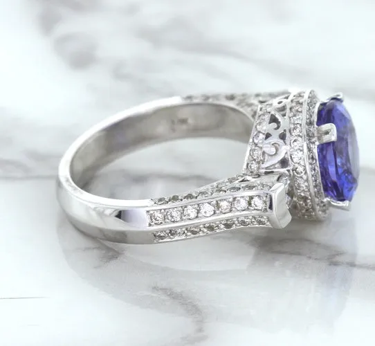 3.12ct Round Tanzanite Ring with Diamond Halo in 14K White Gold