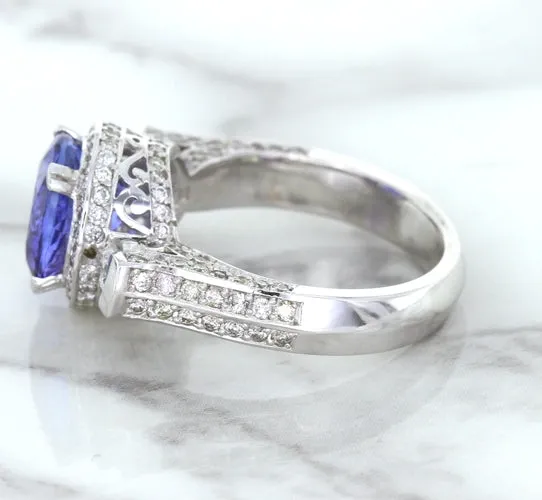 3.12ct Round Tanzanite Ring with Diamond Halo in 14K White Gold