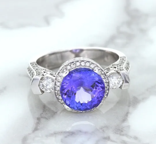 3.12ct Round Tanzanite Ring with Diamond Halo in 14K White Gold