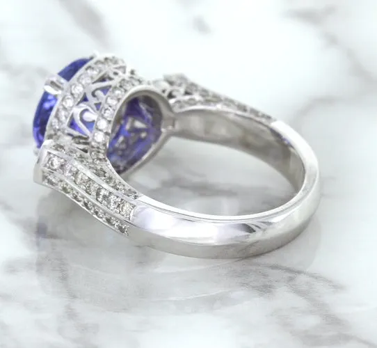 3.12ct Round Tanzanite Ring with Diamond Halo in 14K White Gold