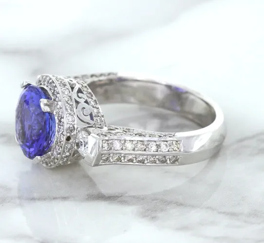 3.12ct Round Tanzanite Ring with Diamond Halo in 14K White Gold