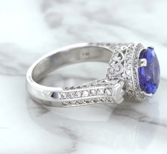 3.12ct Round Tanzanite Ring with Diamond Halo in 14K White Gold