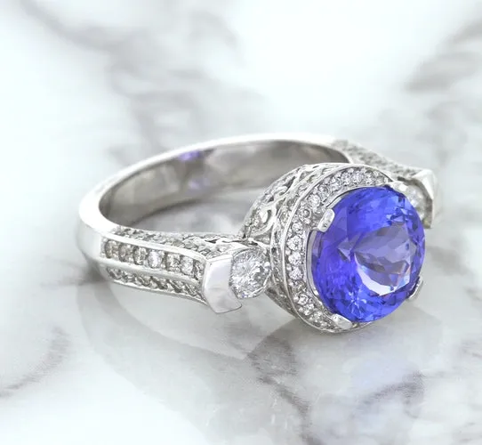3.12ct Round Tanzanite Ring with Diamond Halo in 14K White Gold