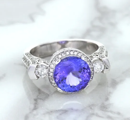 3.12ct Round Tanzanite Ring with Diamond Halo in 14K White Gold