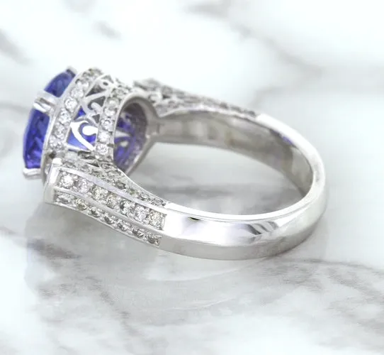 3.12ct Round Tanzanite Ring with Diamond Halo in 14K White Gold