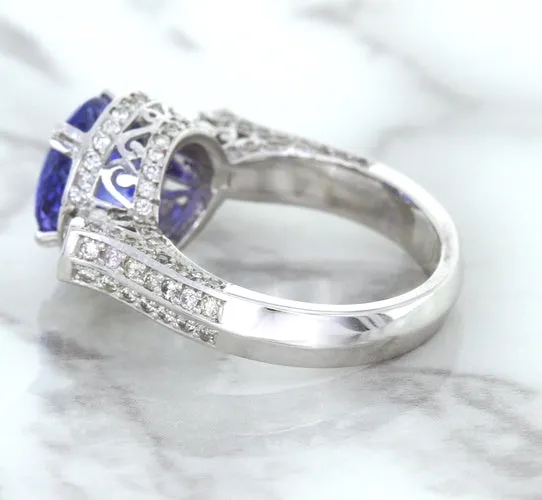 3.12ct Round Tanzanite Ring with Diamond Halo in 14K White Gold