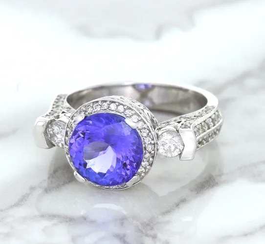 3.12ct Round Tanzanite Ring with Diamond Halo in 14K White Gold