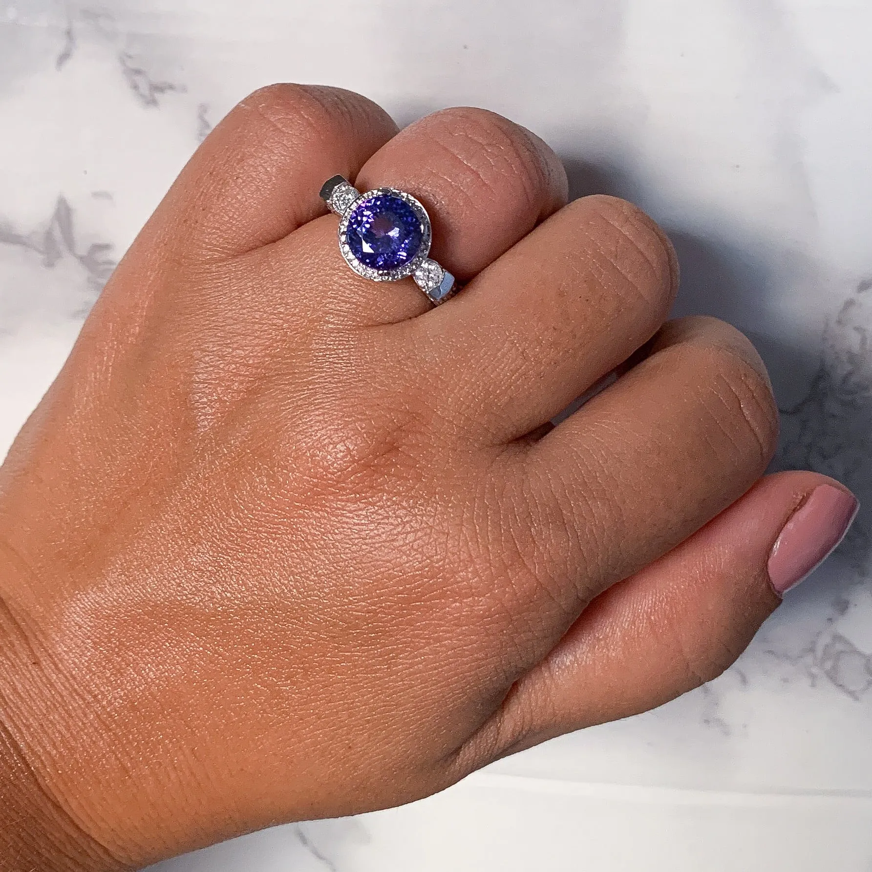 3.12ct Round Tanzanite Ring with Diamond Halo in 14K White Gold