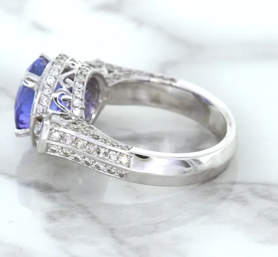 3.12ct Round Tanzanite Ring with Diamond Halo in 14K White Gold