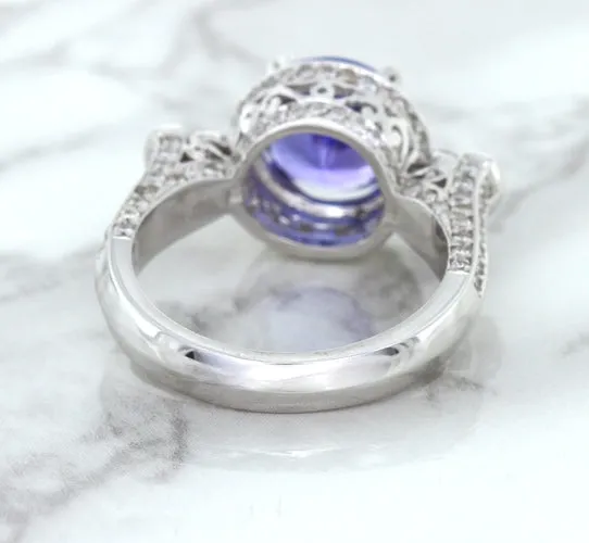 3.12ct Round Tanzanite Ring with Diamond Halo in 14K White Gold