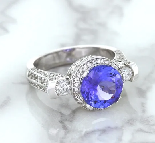 3.12ct Round Tanzanite Ring with Diamond Halo in 14K White Gold