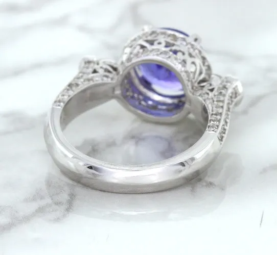 3.12ct Round Tanzanite Ring with Diamond Halo in 14K White Gold