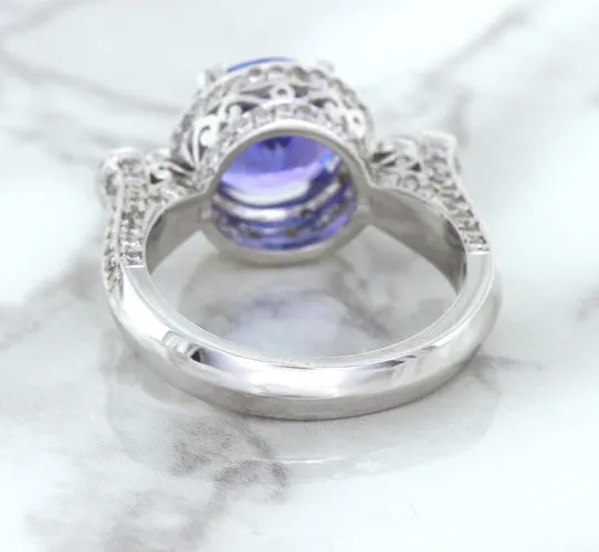 3.12ct Round Tanzanite Ring with Diamond Halo in 14K White Gold