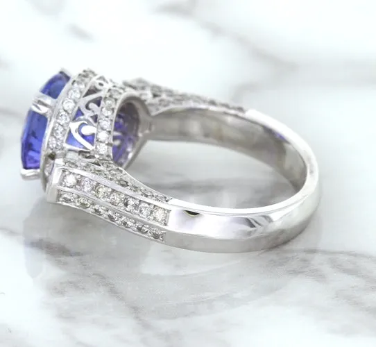 3.12ct Round Tanzanite Ring with Diamond Halo in 14K White Gold