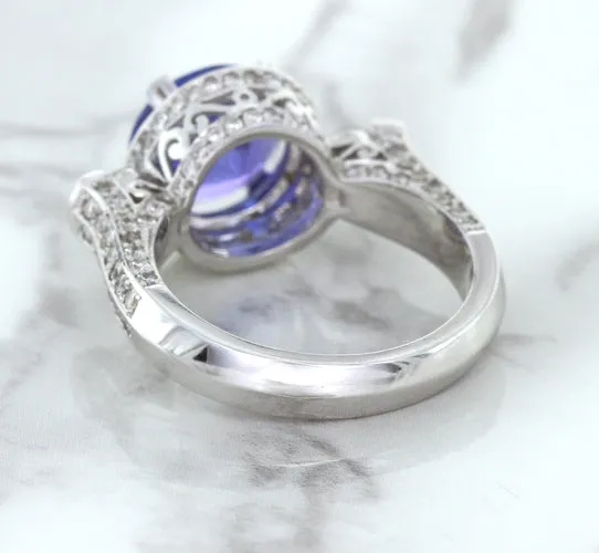 3.12ct Round Tanzanite Ring with Diamond Halo in 14K White Gold