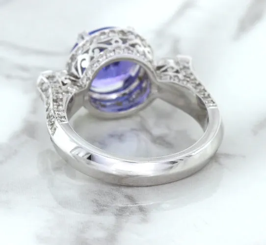 3.12ct Round Tanzanite Ring with Diamond Halo in 14K White Gold