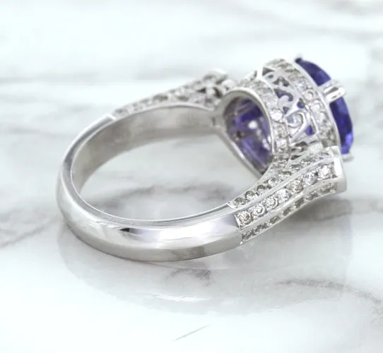 3.12ct Round Tanzanite Ring with Diamond Halo in 14K White Gold