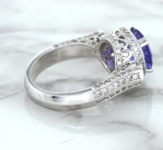 3.12ct Round Tanzanite Ring with Diamond Halo in 14K White Gold