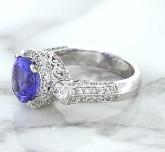 3.12ct Round Tanzanite Ring with Diamond Halo in 14K White Gold