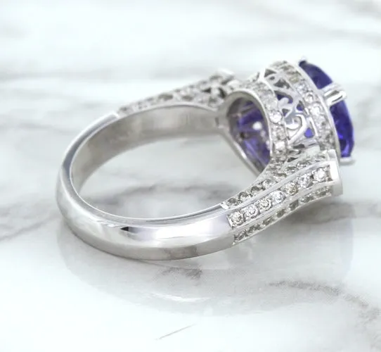 3.12ct Round Tanzanite Ring with Diamond Halo in 14K White Gold