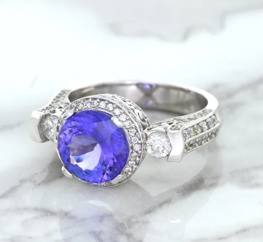 3.12ct Round Tanzanite Ring with Diamond Halo in 14K White Gold