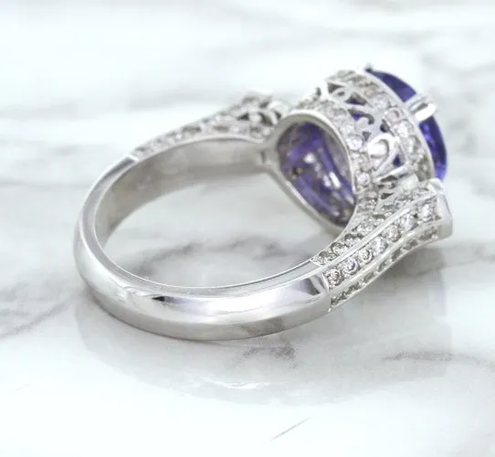 3.12ct Round Tanzanite Ring with Diamond Halo in 14K White Gold