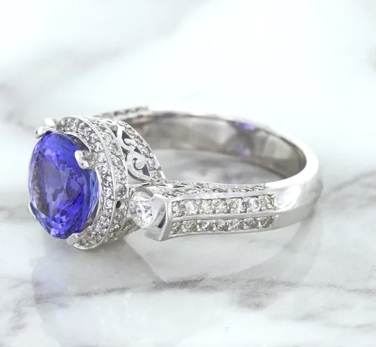 3.12ct Round Tanzanite Ring with Diamond Halo in 14K White Gold