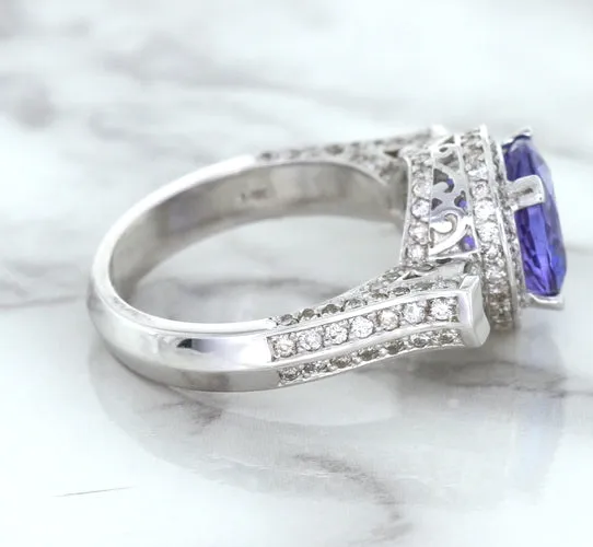 3.12ct Round Tanzanite Ring with Diamond Halo in 14K White Gold