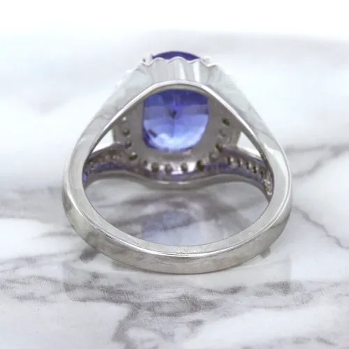3.37ct Oval Tanzanite Ring with Diamond Halo in 14K White Gold