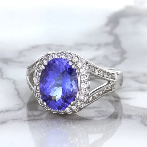 3.37ct Oval Tanzanite Ring with Diamond Halo in 14K White Gold