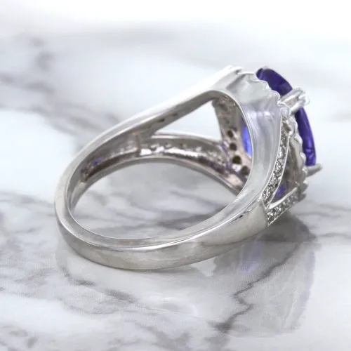 3.37ct Oval Tanzanite Ring with Diamond Halo in 14K White Gold