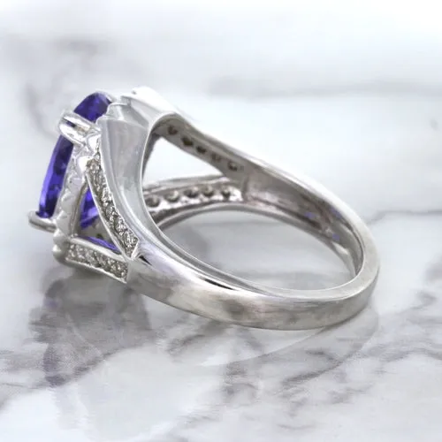 3.37ct Oval Tanzanite Ring with Diamond Halo in 14K White Gold