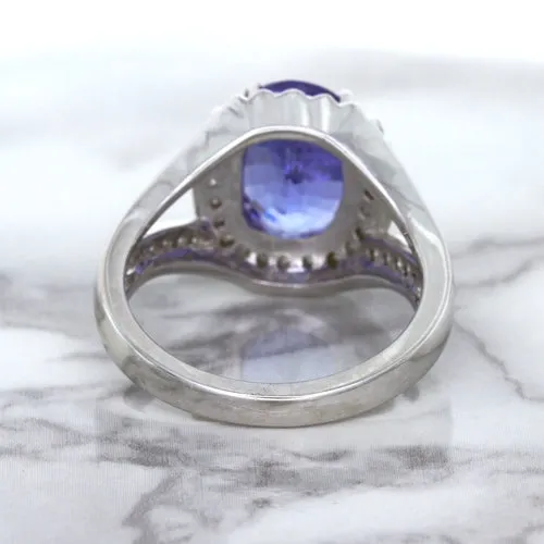 3.37ct Oval Tanzanite Ring with Diamond Halo in 14K White Gold