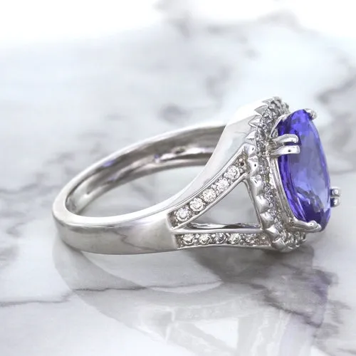 3.37ct Oval Tanzanite Ring with Diamond Halo in 14K White Gold