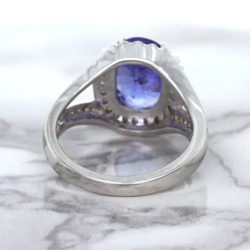 3.37ct Oval Tanzanite Ring with Diamond Halo in 14K White Gold