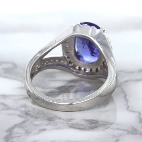 3.37ct Oval Tanzanite Ring with Diamond Halo in 14K White Gold