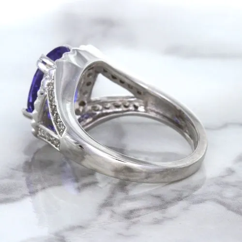 3.37ct Oval Tanzanite Ring with Diamond Halo in 14K White Gold