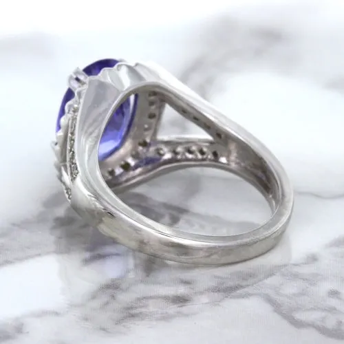 3.37ct Oval Tanzanite Ring with Diamond Halo in 14K White Gold