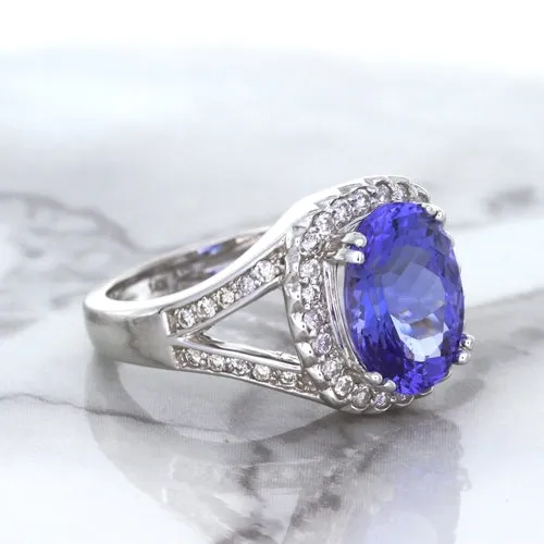 3.37ct Oval Tanzanite Ring with Diamond Halo in 14K White Gold