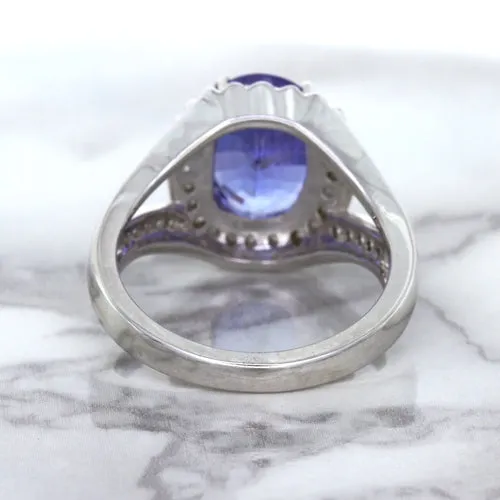 3.37ct Oval Tanzanite Ring with Diamond Halo in 14K White Gold