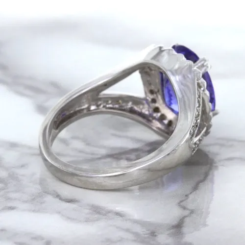 3.37ct Oval Tanzanite Ring with Diamond Halo in 14K White Gold
