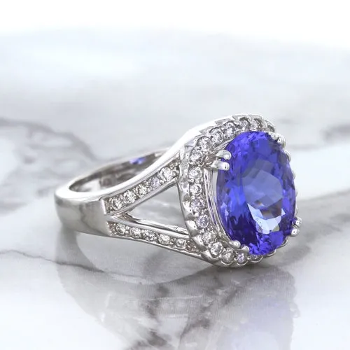 3.37ct Oval Tanzanite Ring with Diamond Halo in 14K White Gold